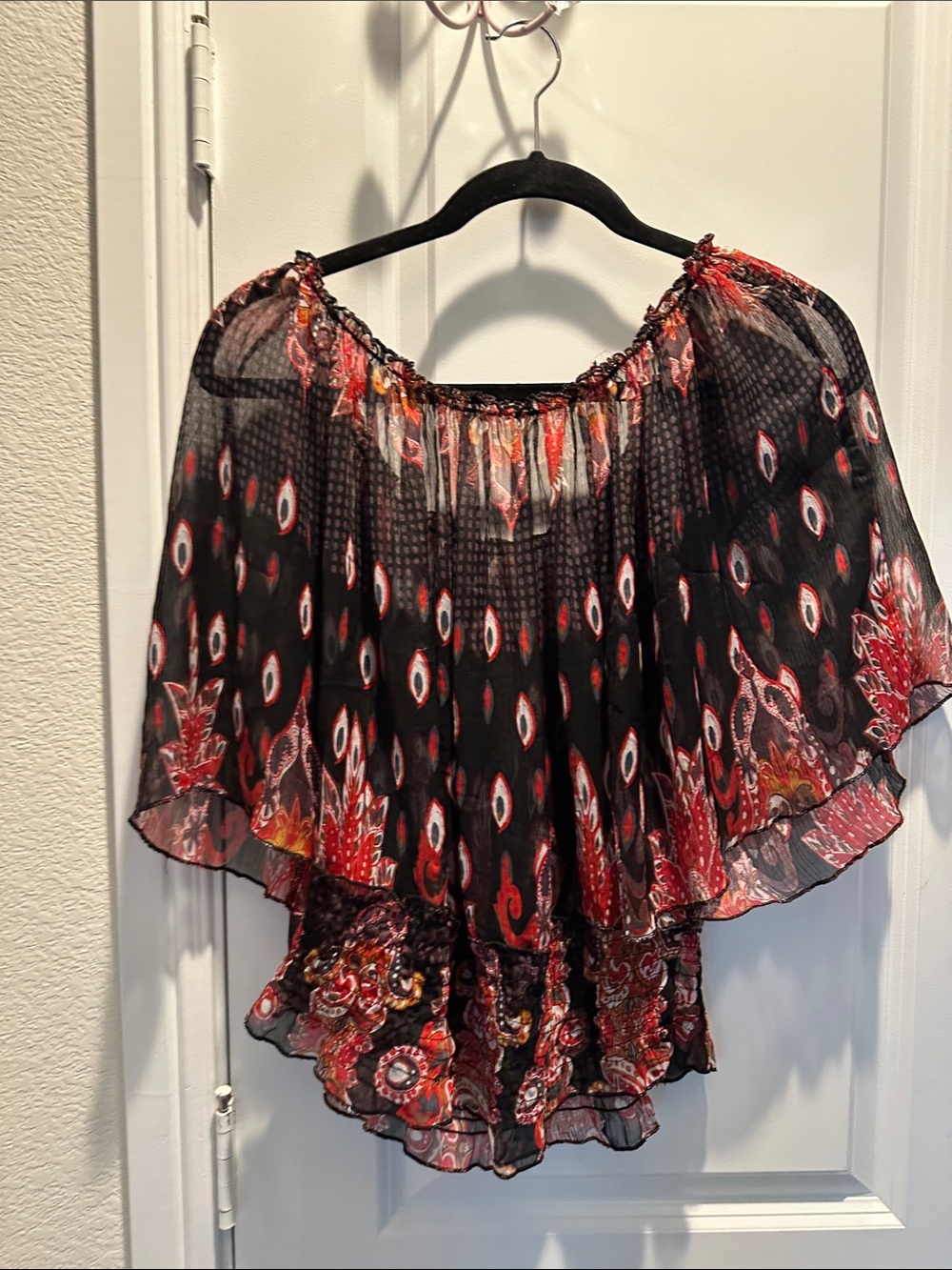 Ultra Pink Black and Red Boho Off-Shoulder Peasant Blouse